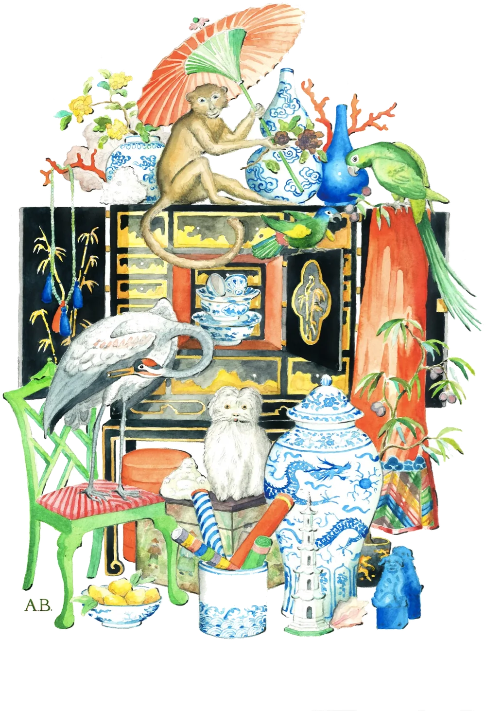 Chinoiserie watercolor illustration of a lacquered cabinet with blue-and-white porcelain, a parrot, a crane, and a monkey holding a parasol, from Aldous Bertram's Dragons and Pagodas